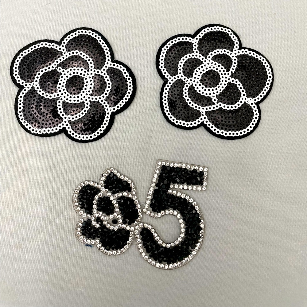 Camellia glittered  iron patches  set of 3
